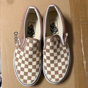 Vans Tan and White Checkerboard Slip-Ons